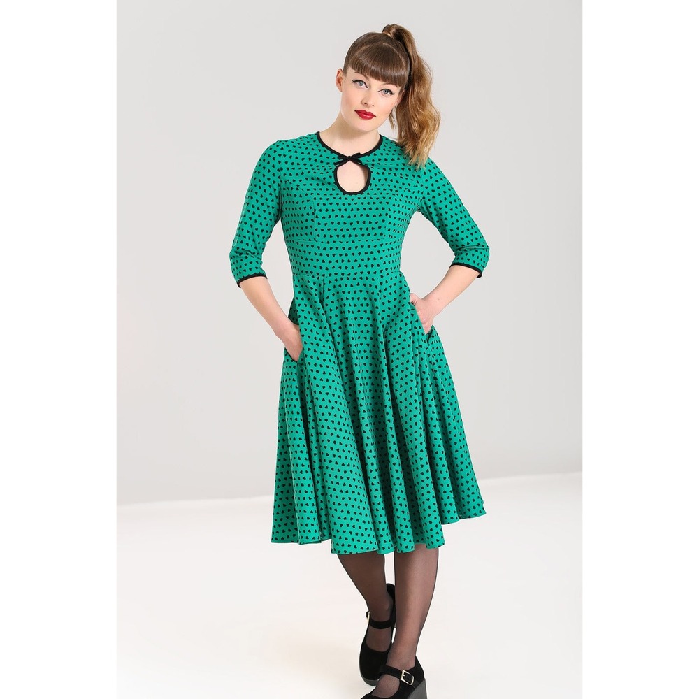 Hell Bunny Dress Paradisum‎ 50s Keyhole Heart Polka Dot Green L Rockabilly Pinup